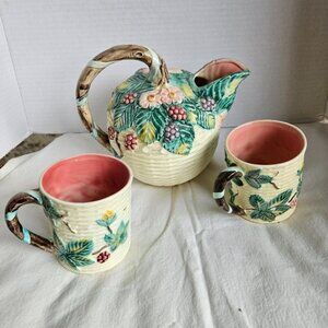 Vintage 80s Haldon Group Blackberry Basketweave Handpainted Pitcher Set